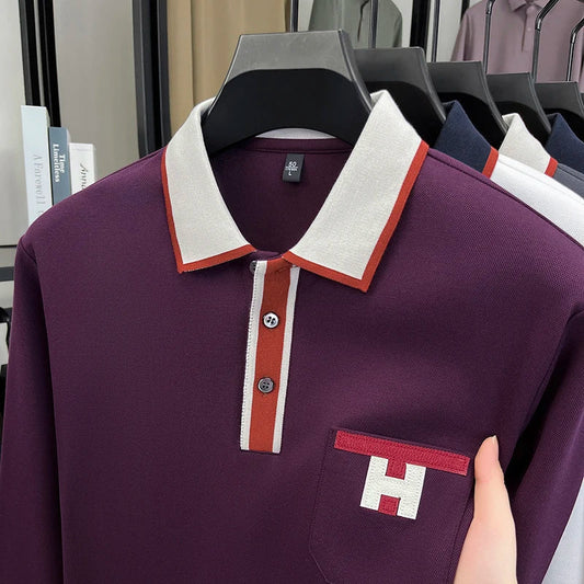 Light Luxury Fashion 100% Pure Cotton Polo Shirt Men's Long Sleeved Autumn New Item Middle-aged Dad Collar Base T-shirt