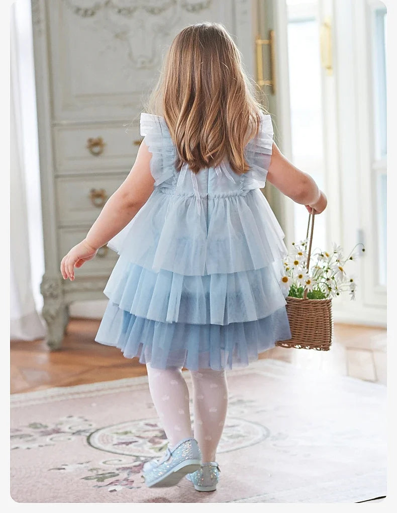 Girl's Princess Dress 2025 New Summer Children's Baby Sleeveless Blue Mesh Layered Dress Cute Sweet Party DB2240502
