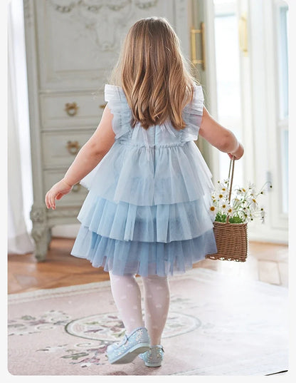 Girl's Princess Dress 2025 New Summer Children's Baby Sleeveless Blue Mesh Layered Dress Cute Sweet Party DB2240502