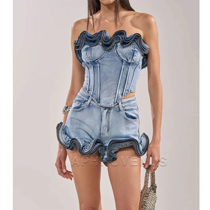 Wave Ruffle Hem Slim Denim Shorts Women Casual High Waist Slim Fit Ruffled Denim Shorts Fashion Slimming Streetwear