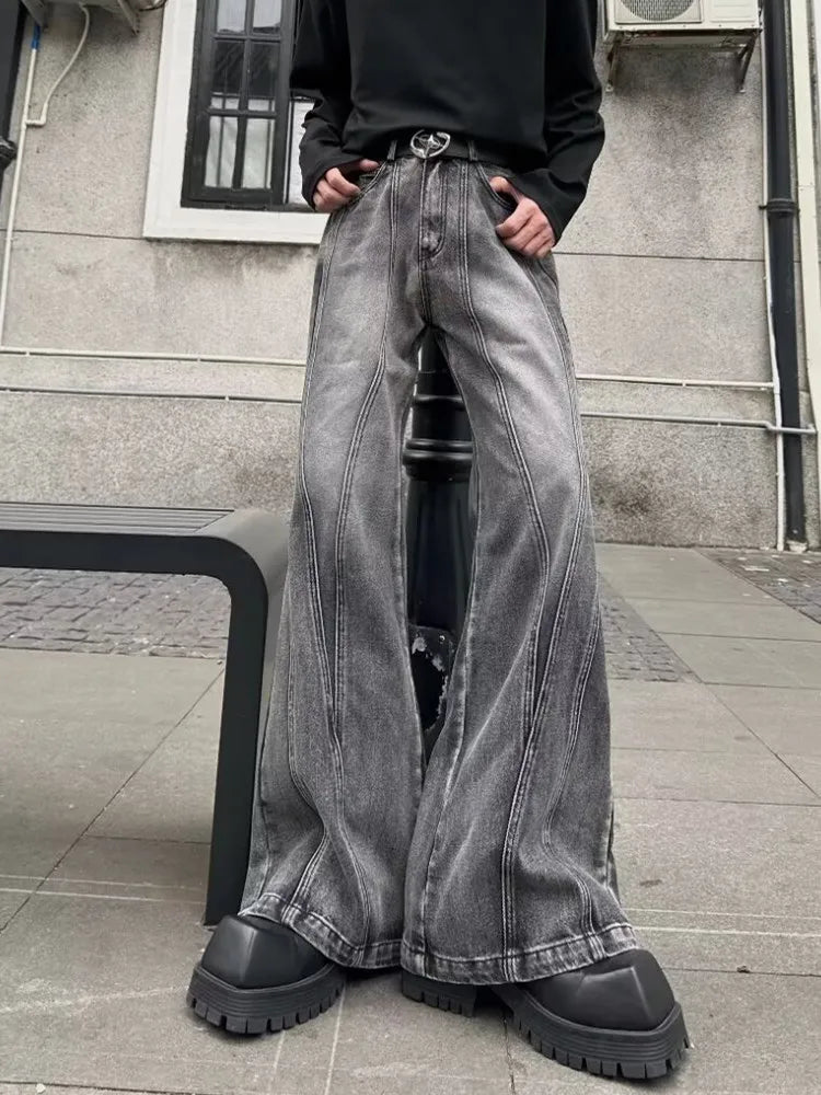2026Trashy Y2K Streetwear Washed Grey Baggy Stacked Flare Jeans Pants Men 90S Vintage Clothes Hip Hop Luxury Male Long Trousers