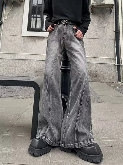 2026Trashy Y2K Streetwear Washed Grey Baggy Stacked Flare Jeans Pants Men 90S Vintage Clothes Hip Hop Luxury Male Long Trousers