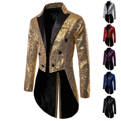 Shiny Gold Sequins Glitter Tailcoat Suit Jacket Male Double Breasted Wedding Groom Tuxedo Blazer Men Party Stage Prom Costume