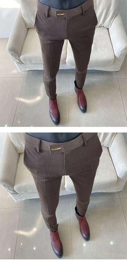 Spring Trousers for Men Slim Fit Straight Leg High-end Feel Business Casual Pants Striped Elegant Formal Dress Long Pants