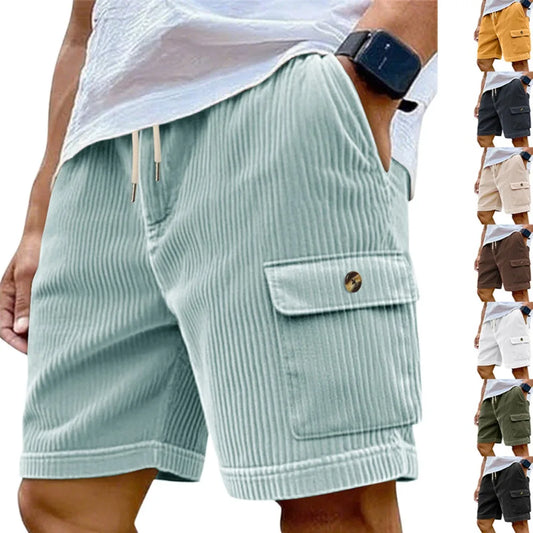 Summer Men Corduroy Cargo Shorts Multi-pocket Drawstring Casual Solid Color Knee-length Workwear Shorts Outdoor Street Style