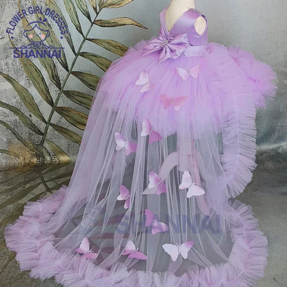 Customized Flower Girl Dresses Puffy Girl Dress Pink Baby Dress With Train Bow Cute Kid's Child Birthday Dresses Frist Communion