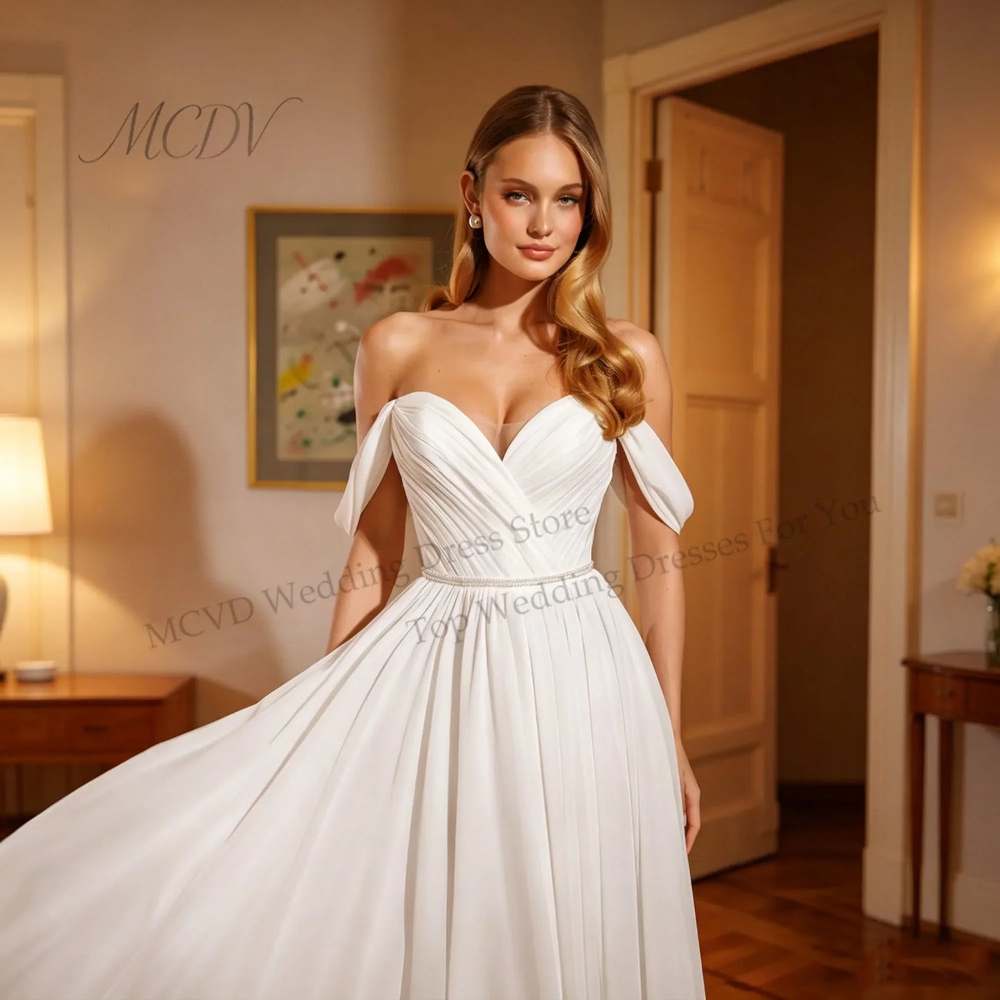 Chiffon Classic Wedding Dresses Off Shoulder Sweetheart A-Line Bridal Gown with Rhinestone Belt vestidos de novia Customized
