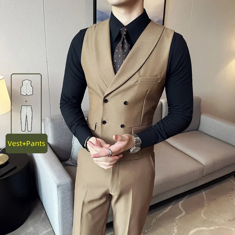 Men Luxury Double Breasted Design Solid Vest Formal Groom Wedding Dress Suit Vest Set Fashion Mens Club Singer Clothing 6XL-M