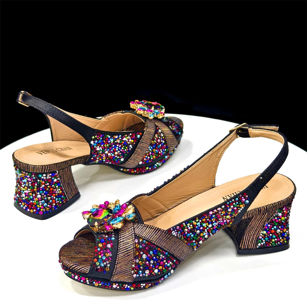 2025 Luxurious Italian Women's Party Shoe and Bag Set – Elegant Black Rhinestone Peep-Toe High Heels Sandals for Weddings