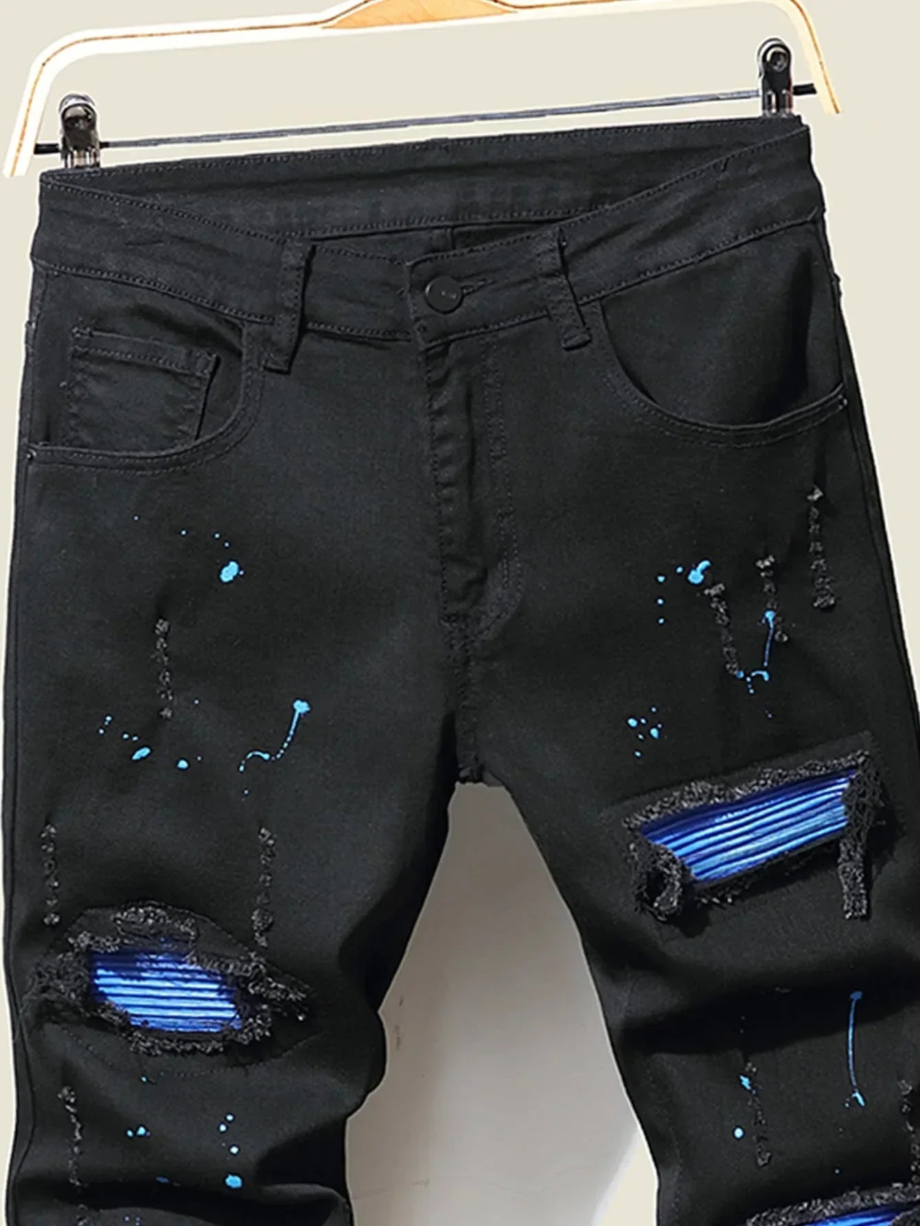 High Stretch Men's Ripped Jeans for Men Cool Skinny Slim Denim Pants Patchwork Hip Hop Black Blue Casual Jogging Trousers