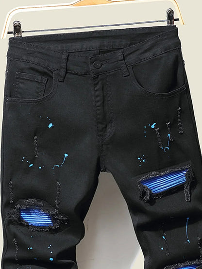 High Stretch Men's Ripped Jeans for Men Cool Skinny Slim Denim Pants Patchwork Hip Hop Black Blue Casual Jogging Trousers