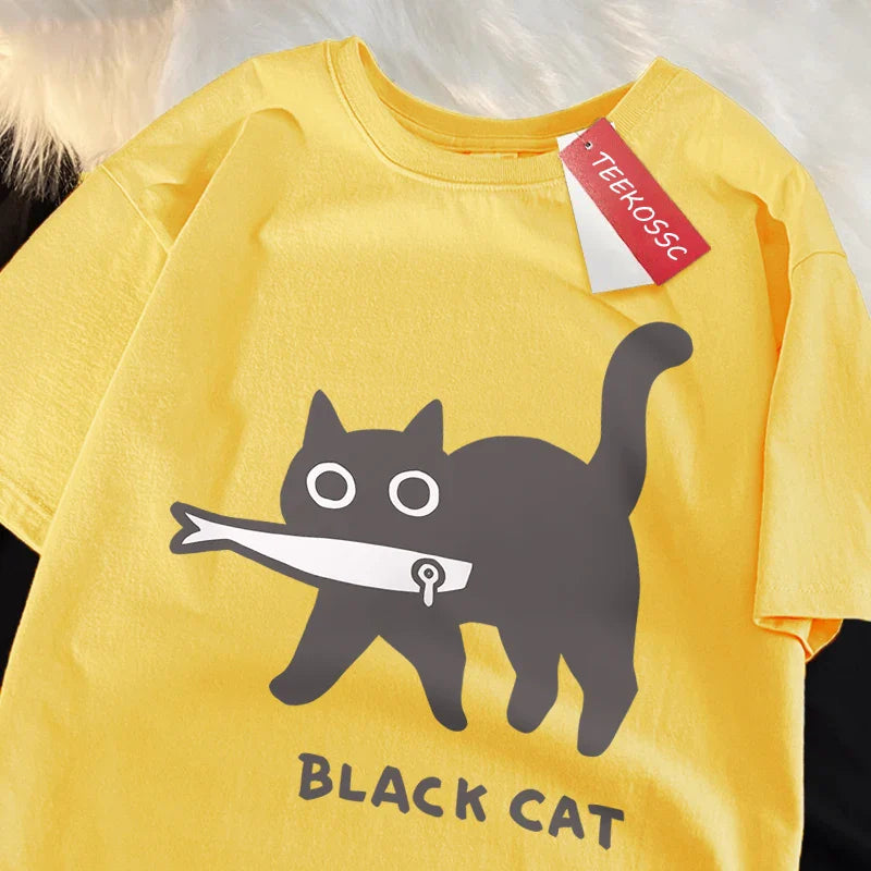 Fun A Black Cat Eating Fish Japanese Style Men Women T-Shirt Fashion Print T Shirt Breathable Oversize T-Shirts Cotton Clothes
