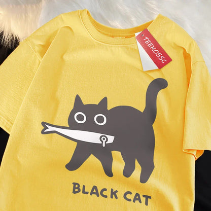 Fun A Black Cat Eating Fish Japanese Style Men Women T-Shirt Fashion Print T Shirt Breathable Oversize T-Shirts Cotton Clothes