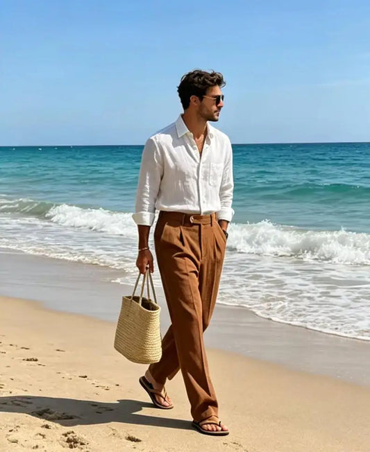Men's Linen Summer Beach Trousers Casual Dress Pants Elastic Waist Pleated Loose Fit Lightweight Yoga Vacation Lounge Pants