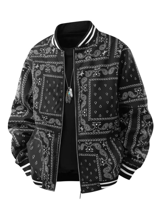 Men's Single-Piece Retro-Style Cashew Flower Splicing Jacket, Casual, Baseball, Home, Versatile, Fashionable, Daily Work Clothing