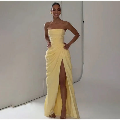 Women Strapless Pleated Long Dress Elegant Solid Split Sleeveless Backless High Waist Slim Fit Maxi Dresses 2026 Lady Party Robe