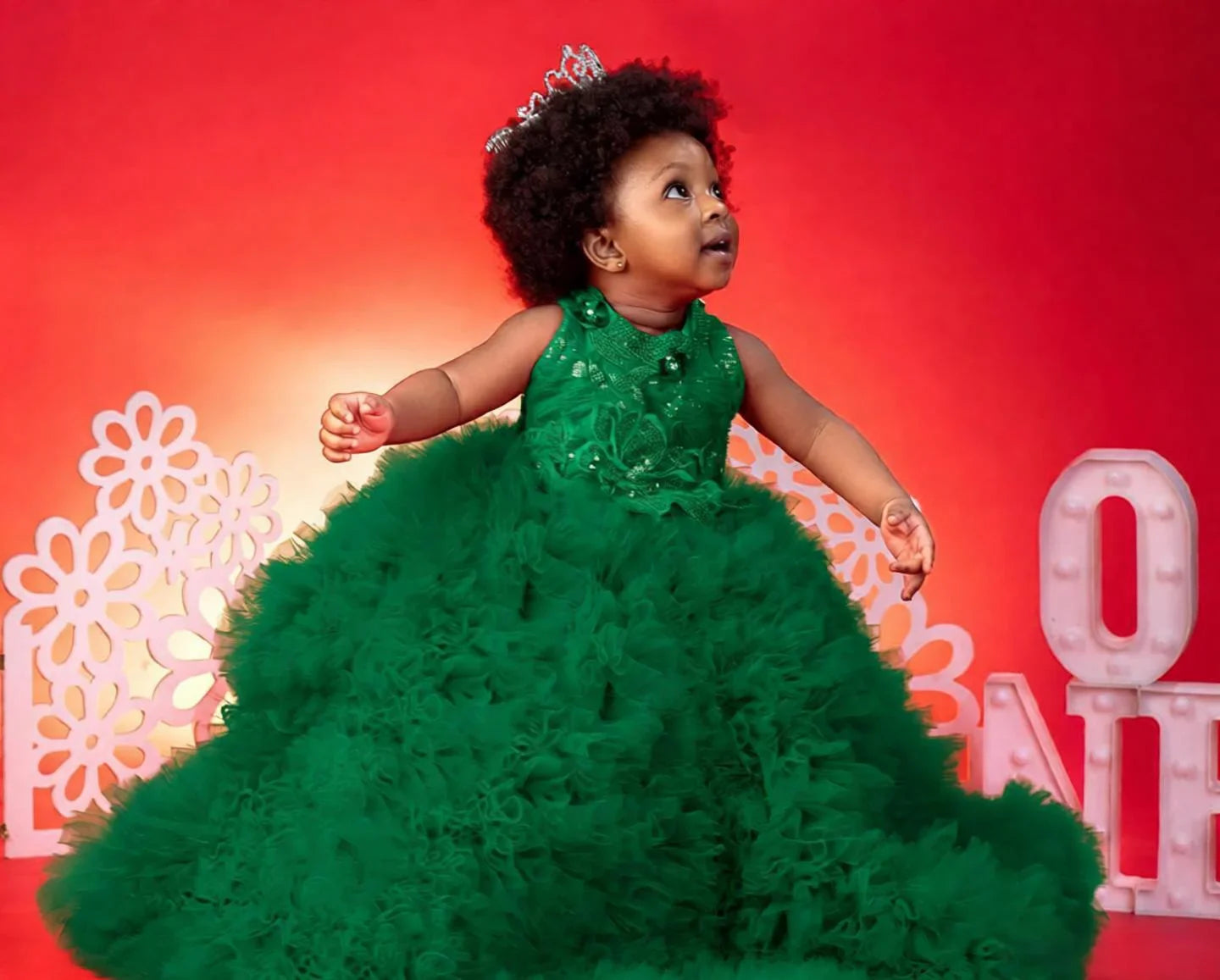 Luxury Red Ruffles Flower Girl Dresses Sequined Princess Customized Baby Girls First Birthday Party Pageant Dress For Wedding