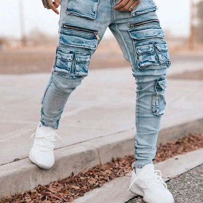 Men’s streetwear, multi pocket vehicle, snug, stretchy, light-colored jeans.