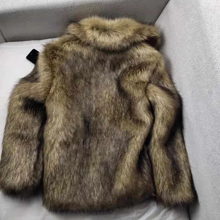 Winter Short Thick Warm Hairy Shaggy Faux Raccoon Fur Coat Men Long Sleeve High Quality Luxury Fluffy Jacket 2023