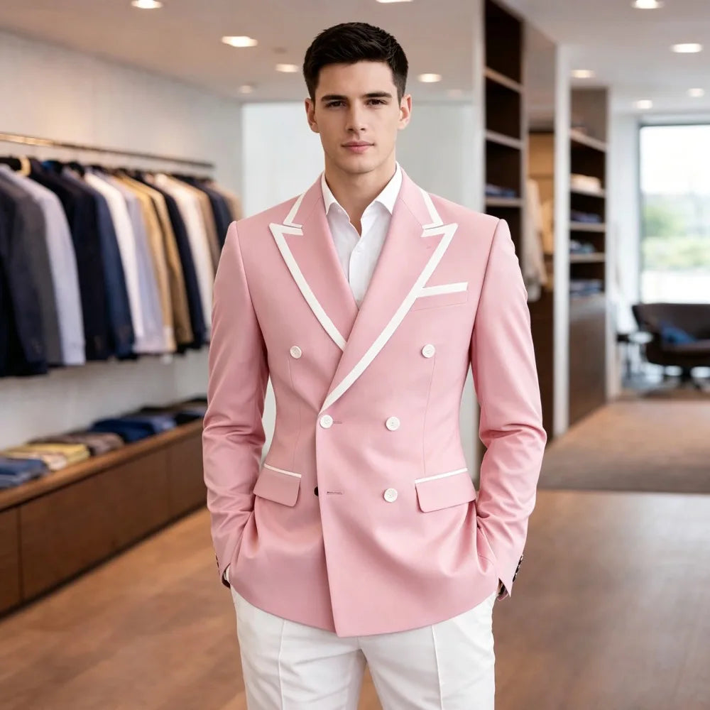 Mens Light Blue Double Breasted Suits Summer Wedding Groom Tuxedo Slim Fit Casual Fashion Blazer Trousers Costume Mens Suits