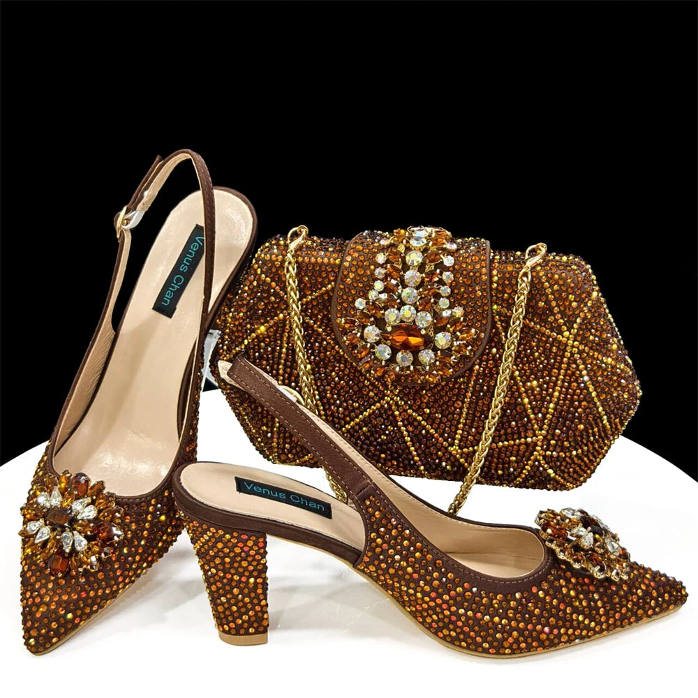 Nigerian Women Heel Party Ladies Italian Design Shoes And Bag Set Decorated with Rhinestone Handbag Wedding Party