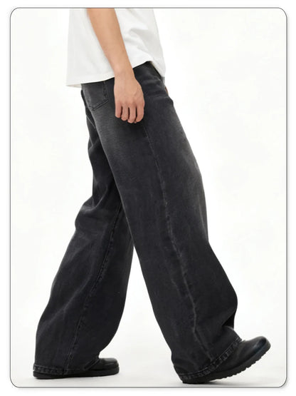 Four Season Men's Jeans Korean Version Student Casual Pant American Retro Gray Black Loose Wide Leg Jean Baggy Men's Denim Pants
