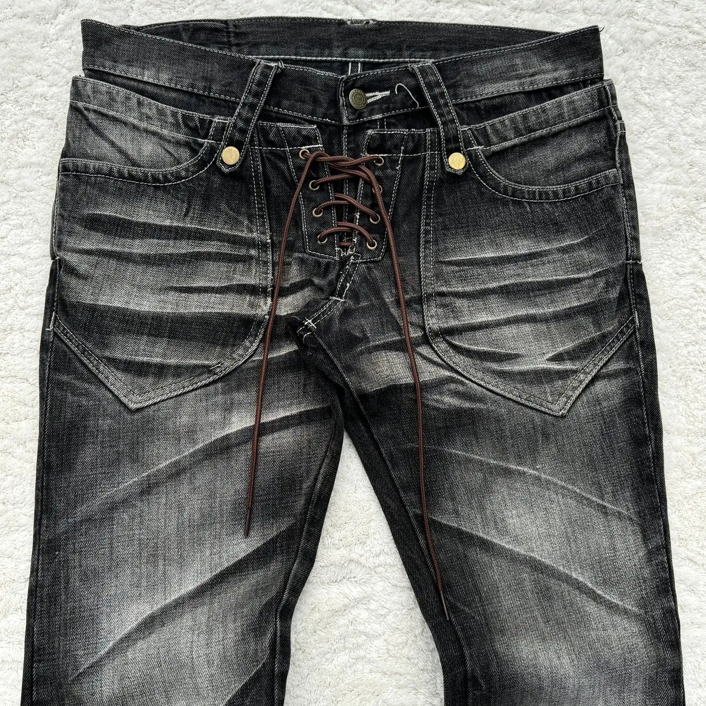 Y2K Distressed Flare Jeans Gothic Men Double Waist Lace Up Denim Pants Retro Washed Scratches Streetwear Unisex Bootcut Jeans