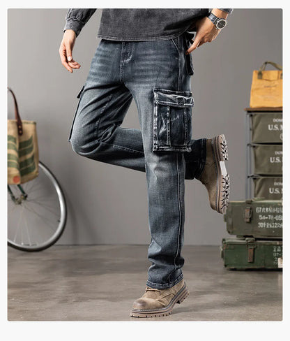Autumn and winter new styles Men's Outdoor Wide Leg Workwear Multi-Pocket Jeans Straight fit plus size men's jeans  42 44