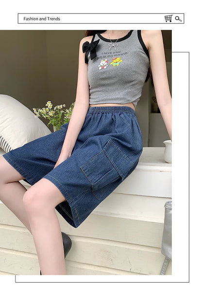 2026 Summer New Women's Denim Shorts Straight Trendy Loose Versatile Dad Shorts Thin Japanese Style Knee-length Pants