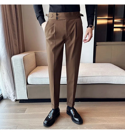 Autumn Winter High Waist Business Dress Pants Men Casual Belt Design Slim Suit Pants Formal Wedding Social Party Male Trousers