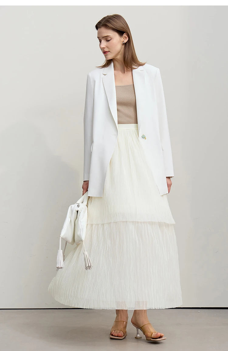 Long Skirt 2026 Spring New Casual Vacation Waist Pleated Mesh Long Skirt Women Loose Solid Versatile Woman Clothes 12621001