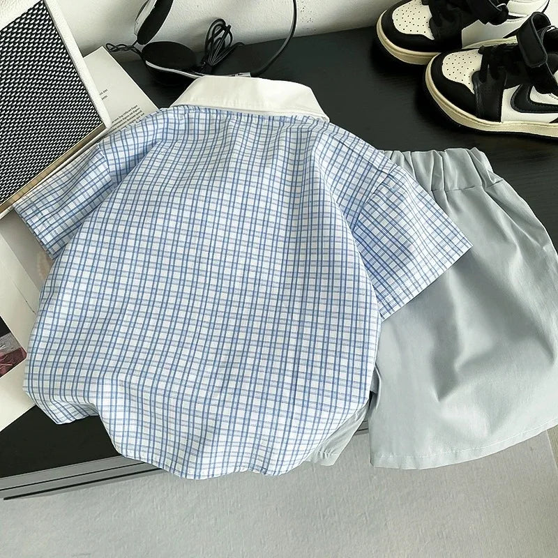 New Boys Clothing Children Summer Set Kids Plaid Shit Embroidered Tie Shorts 2pcs/suits Children Fashion Tracksuits 0-5Year