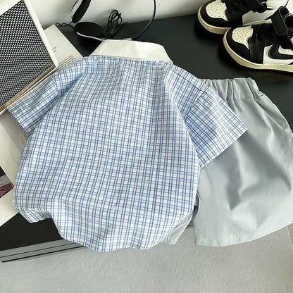 New Boys Clothing Children Summer Set Kids Plaid Shit Embroidered Tie Shorts 2pcs/suits Children Fashion Tracksuits 0-5Year