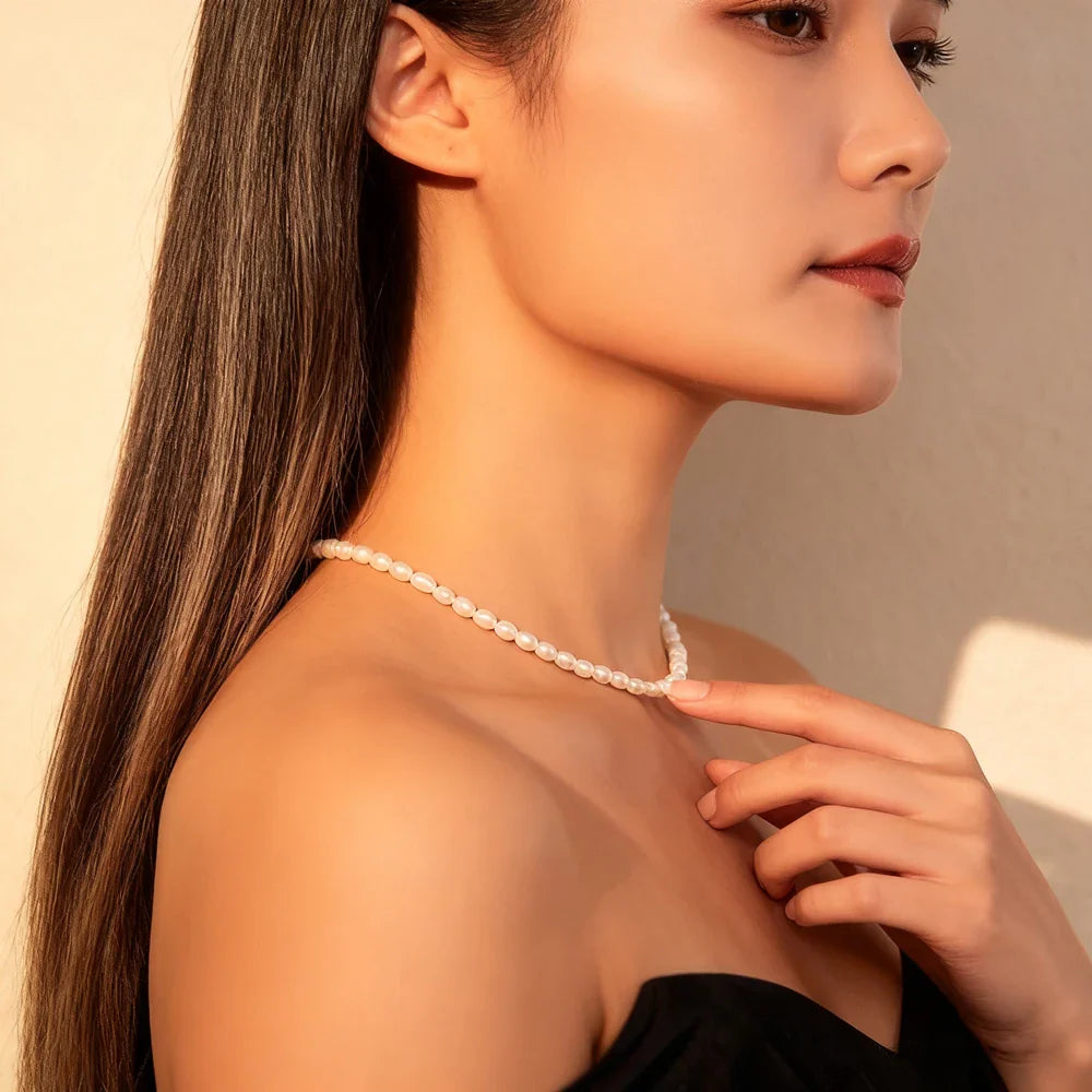 Small Size 4.5-5.5mm Natural Freshwater White Pearl Necklace Rice Shape Fashion S925 Silver Jewelry for Women Girls