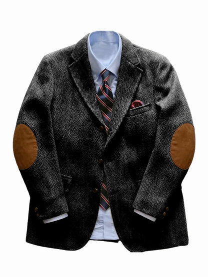 Men's Vintage Herringbone Tweed Blazer With Elbow Patch 2 Button Single Breasted Cotton Casual Slim Fit Business Jacket XS-7XL