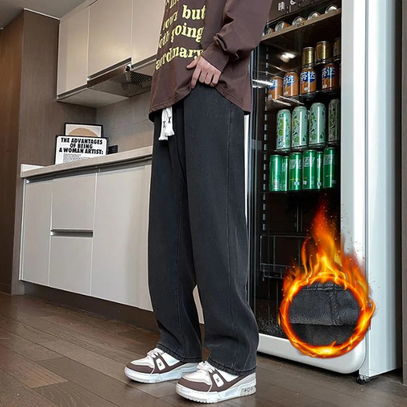 Thick Winter Straight Men's Jeans Fleece Warm Loose Plush Trousers Fashion Casual Wide-leg Plush Denim Pants Male