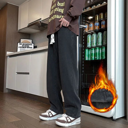 Thick Winter Straight Men's Jeans Fleece Warm Loose Plush Trousers Fashion Casual Wide-leg Plush Denim Pants Male