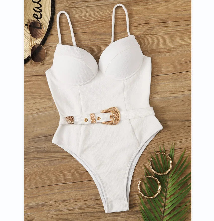 Sexy Push Up Underwire Swimwear Women Solid White Black Padded Buckle One Piece Swimsuit Beach Bathing Suit Bodysuit Monokini