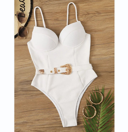 Sexy Push Up Underwire Swimwear Women Solid White Black Padded Buckle One Piece Swimsuit Beach Bathing Suit Bodysuit Monokini