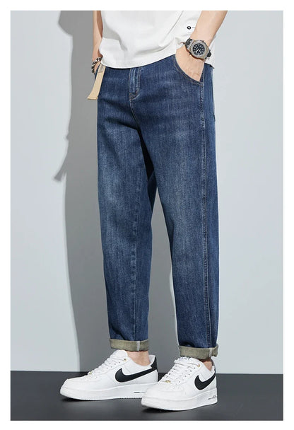 Winter Dark Blue Fleece Jeans for Men Black Loose Straight Casual Trendy Comfortable Versatile Youth Thickened Harem Pants Blue