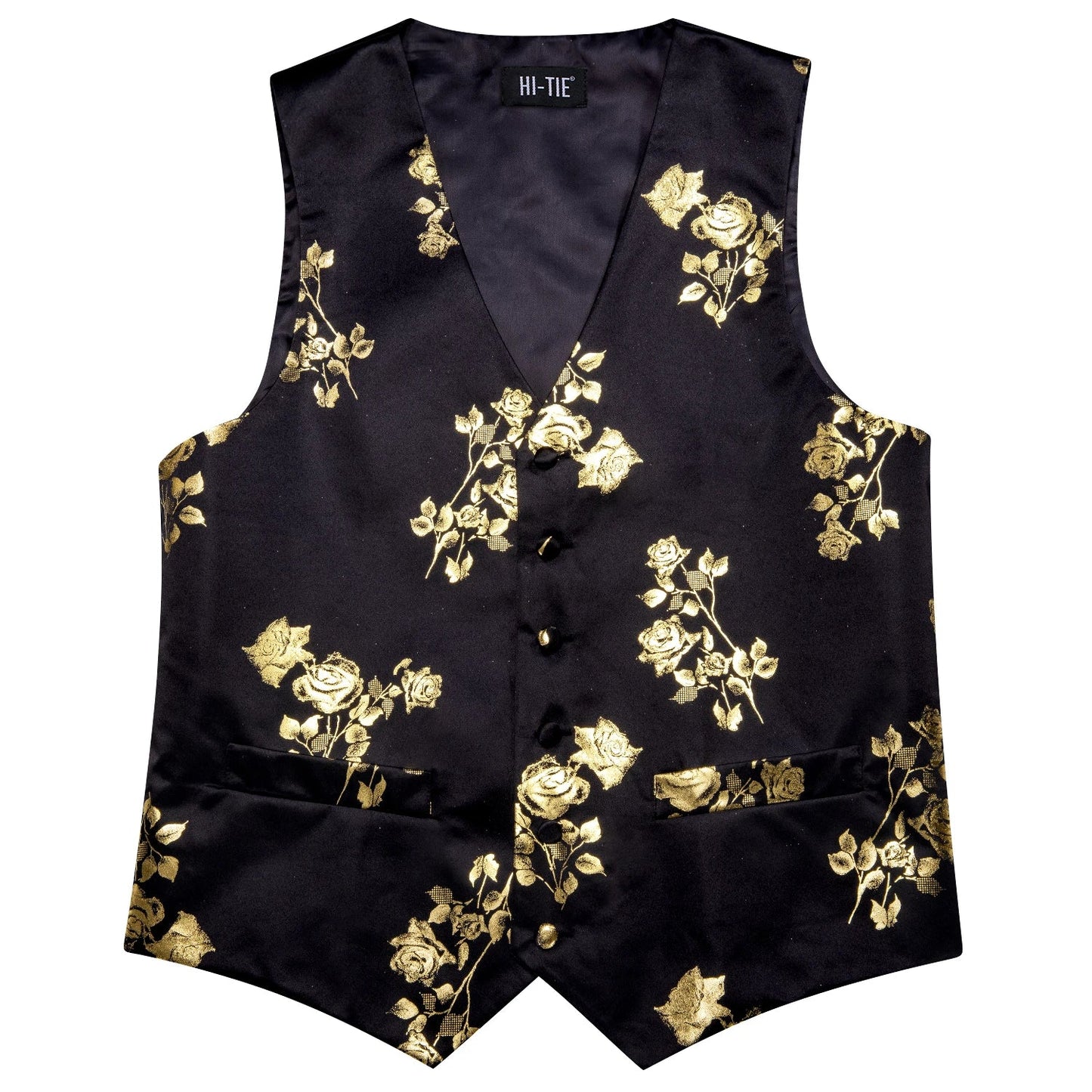 Luxury Gold Black Mens Vests Print Jacquard Waistcoat Tie Hanky Cufflinks Brooch Set for Men Wedding Formal Business Hi-Tie