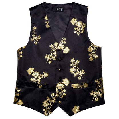 Luxury Gold Black Mens Vests Print Jacquard Waistcoat Tie Hanky Cufflinks Brooch Set for Men Wedding Formal Business Hi-Tie