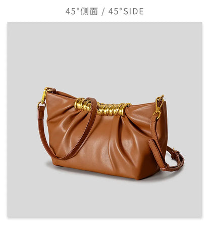 Elegant Ruched Hobos Clucth Bag Luxury Designer Metal Handle Women Handbags Soft Pu Leather Shoulder Crossbody Bags Party Purses