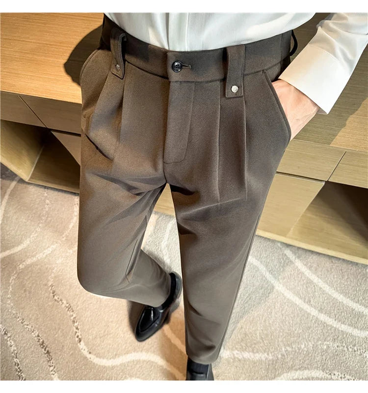 Autumn Winter Thicken Elastic Waist Casual Warm Pants Men High Quality Fashion Slim Social Party Dress Trousers Men's Clothing