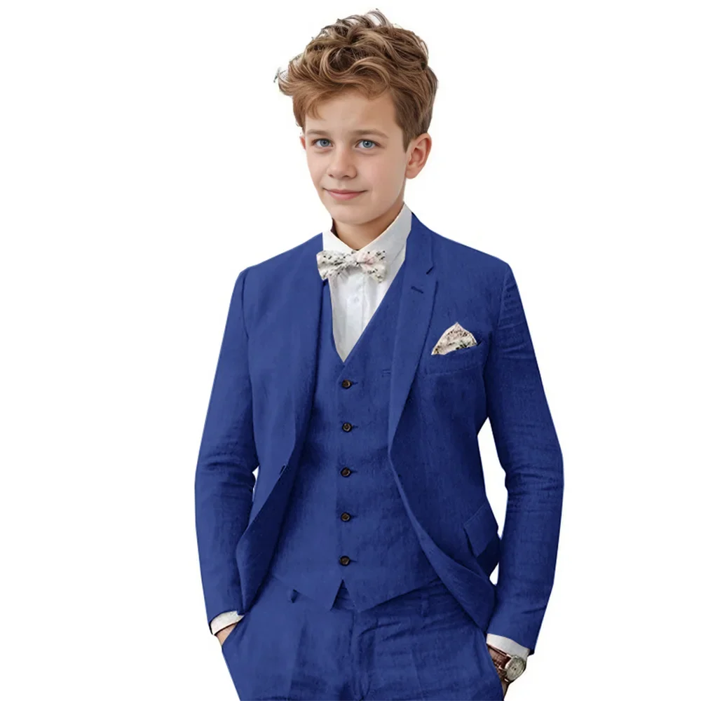 Breathable Linen Boys Suit Set 3 Pieces For Wedding Party,Notched Lapel Kids Suits Piano Performance Outfit Toddler 3-16Y