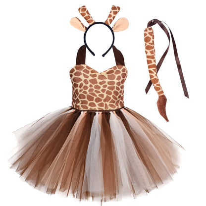 Baby Girls Halloween Animal Cosplay Costume Kids Forest Theme Giraffe Cows Tiger Leopard Zebra Print Tutu Dress Birthday Party
