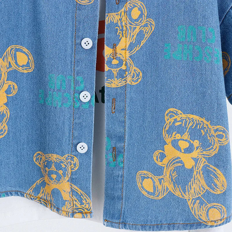 New Summer Boys Denim Clothing Sets Children Fashion Cartoon Bear Coats Shorts 2pcs Tracksuits  Infant Baby Casual Outfits Suits