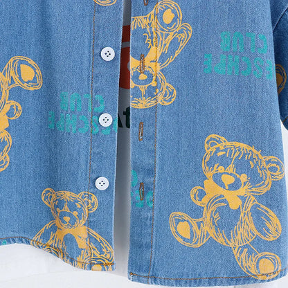 New Summer Boys Denim Clothing Sets Children Fashion Cartoon Bear Coats Shorts 2pcs Tracksuits  Infant Baby Casual Outfits Suits