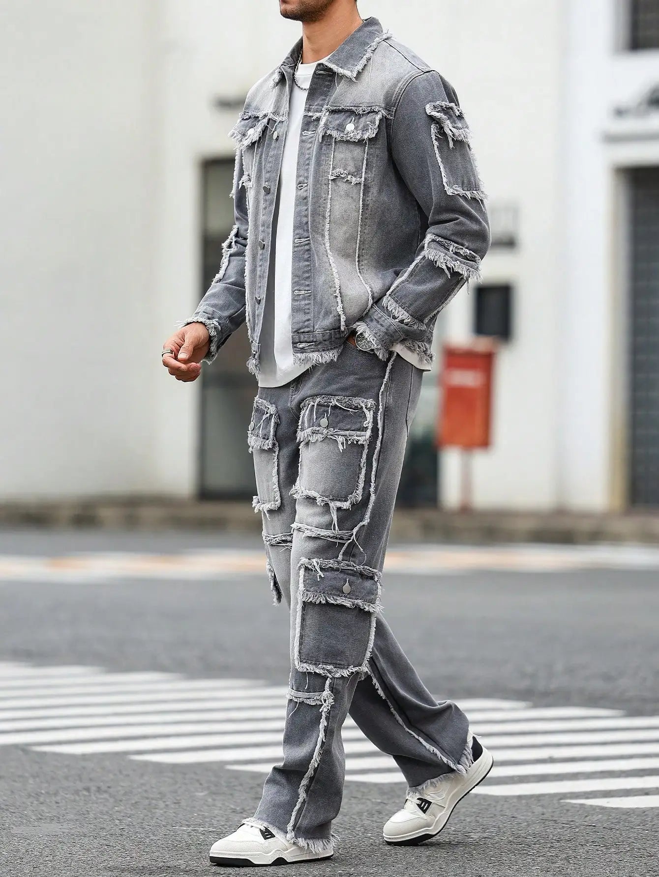 Men's Street Style Casual Distressed Raw-Hem Grey Denim Set, a Minimalist and Fashionable Two-Piece Ensemble.