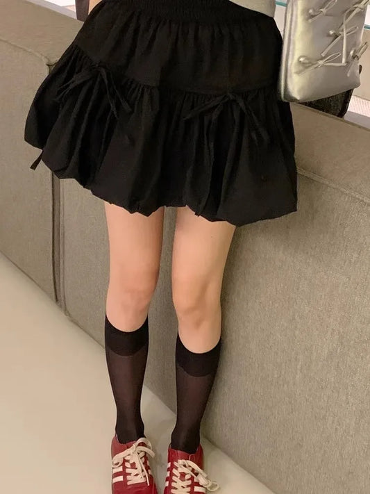 Sweet Knot Puffy A-Line Skirt Women's Summer Polyester Fiber High Waist Flower Bud Skirt Casual Sle